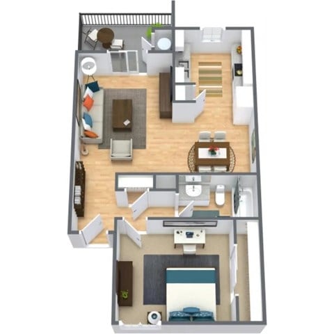 Floor plan for 1 bed, 1 bath, 643 sqft